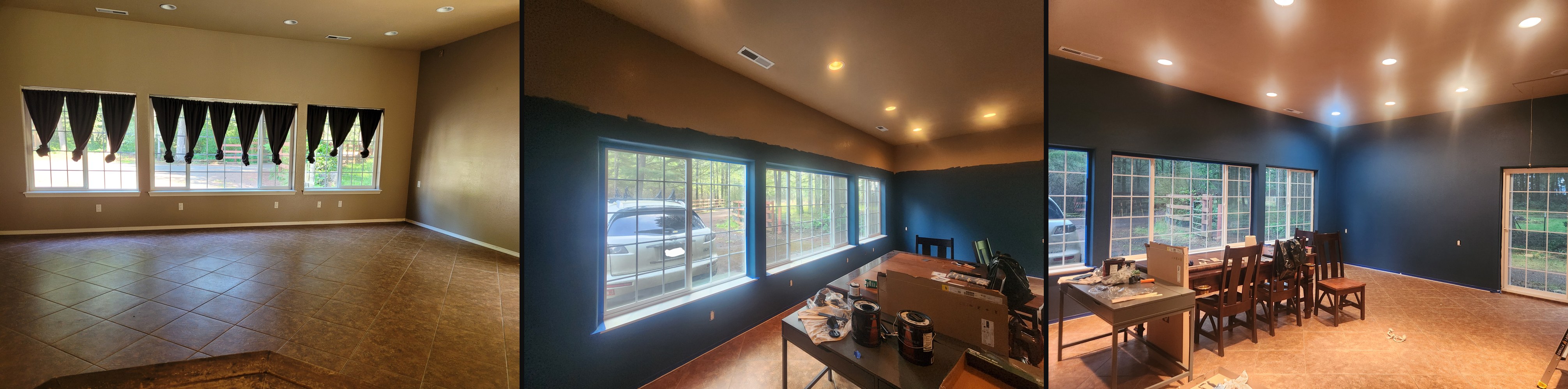 Before, during, and after photos of the solarium paint transformation