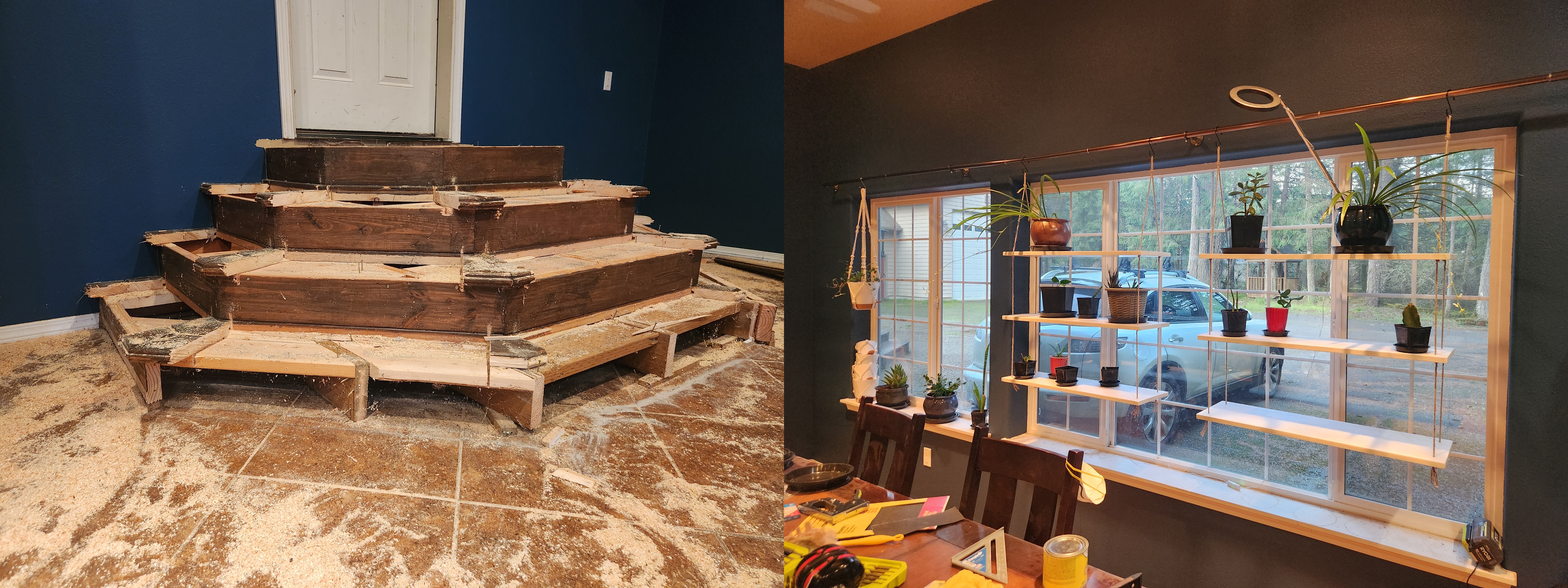 New window shelves and the partially demolished stairs